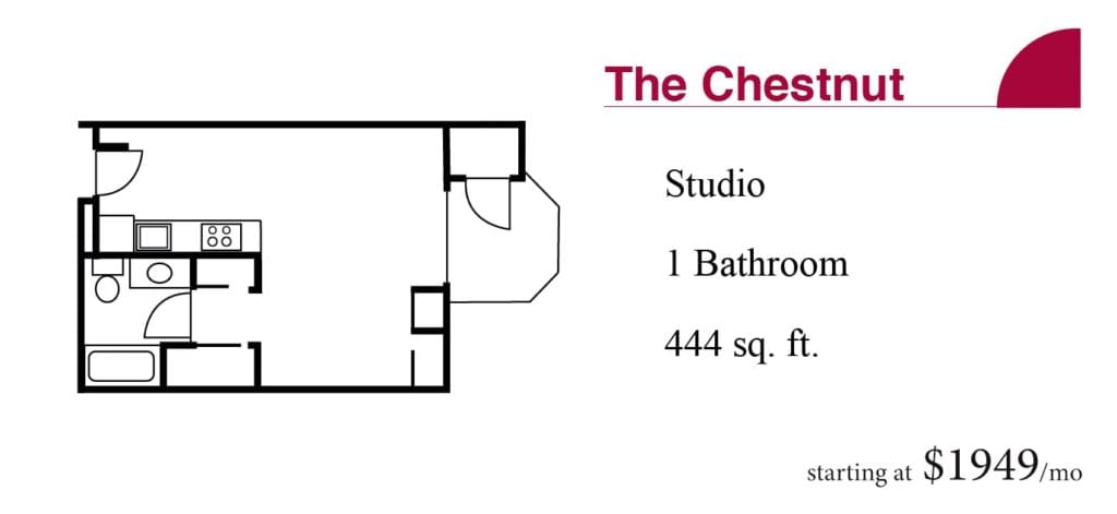 The 444 square-foot Chestnut studio apartment with one bathroom starting at $1949 a month at the Terrace Retirement Community.