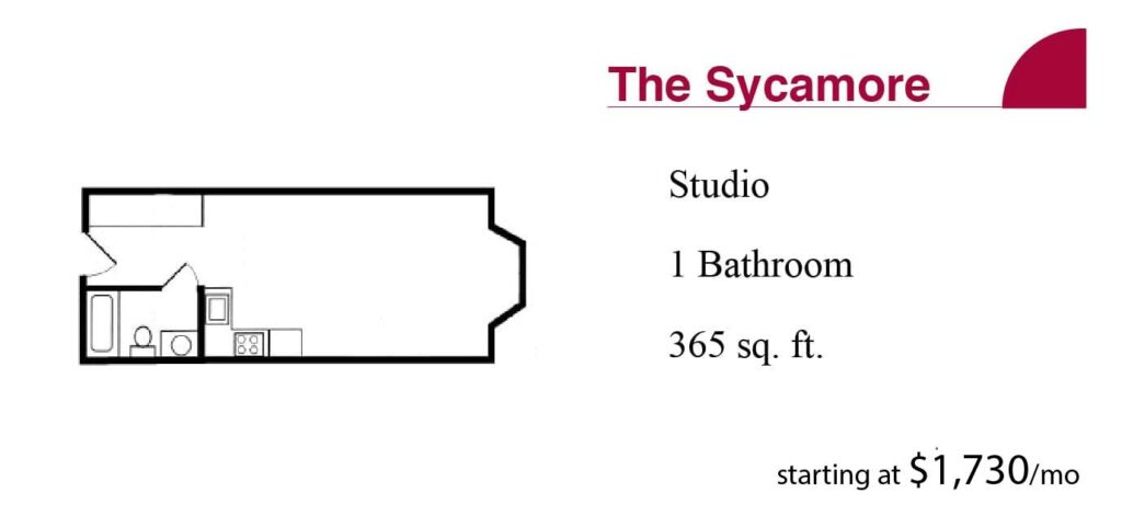The Terrace Retirement Sycamore studio apartment plan and pricing.