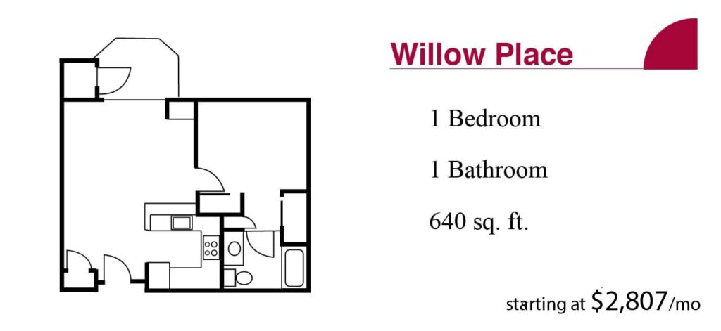 The Terrace Retirement Willow Place one bedroom apartment plan and pricing.
