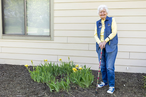 A senior lady enjoying the fresh sprung daffodils